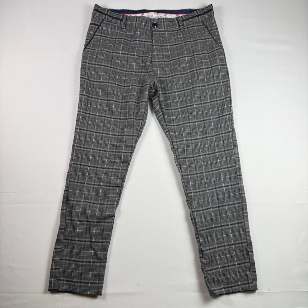 Tailored Recreation Premium Mens Grey Plaid Slim Dress Pants 32x26
